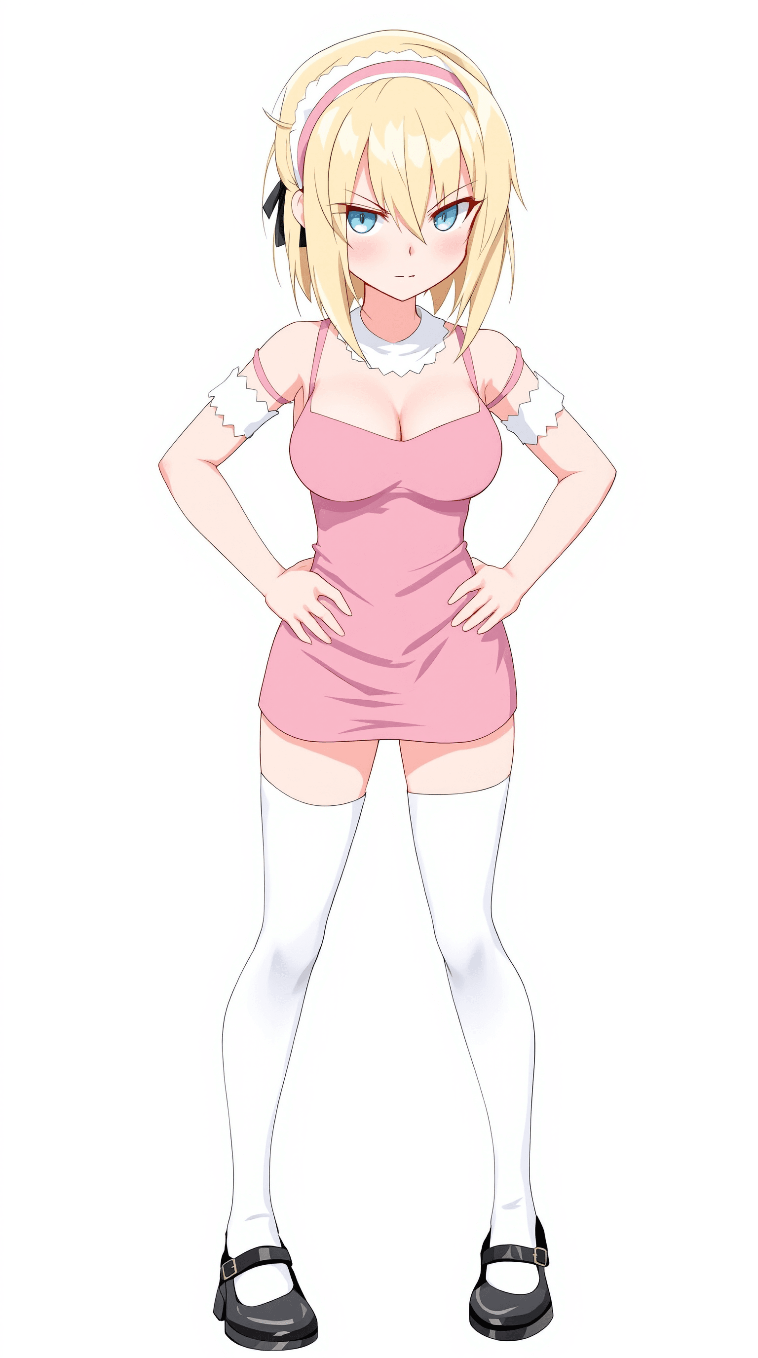 AI generated: Mandygr1m, blonde hair, blue eyes, hairband, 1girl,, small breasts,pink dress, white thigh highs, bl...