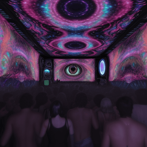 AI generated: Hyper realistic eye level exterior photo of a person dacing on a psytrance party, night, psychedlic,...