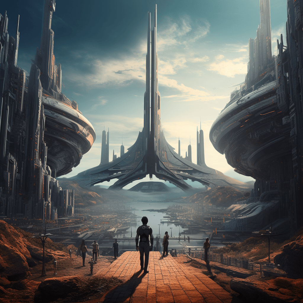 AI generated: sci fi, far future, people standing surrounded by huge sci fi robotic cyborg city with intricate mec...