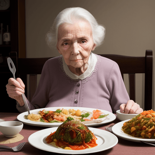 AI generated: High resolution photography, disgusting woman, 90 yo, sabbering in front of a meal, no cutlery