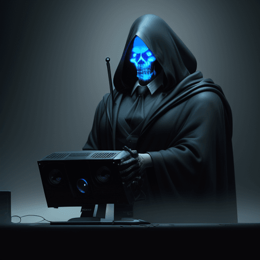 AI generated: a grim reaper with a crt monitor for a head. the monitor has a blue screen with white letters on it....