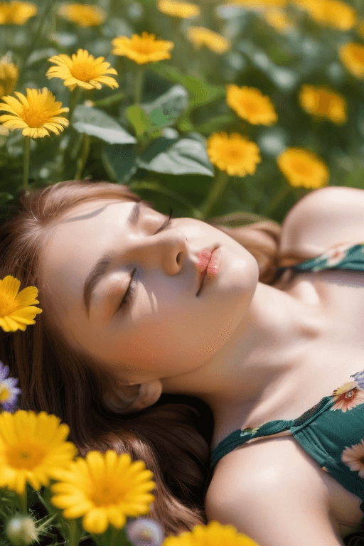AI generated: Close-up, selfie of, a 23 year old woman from above, lying in a field of flowers, wearing a sundress...