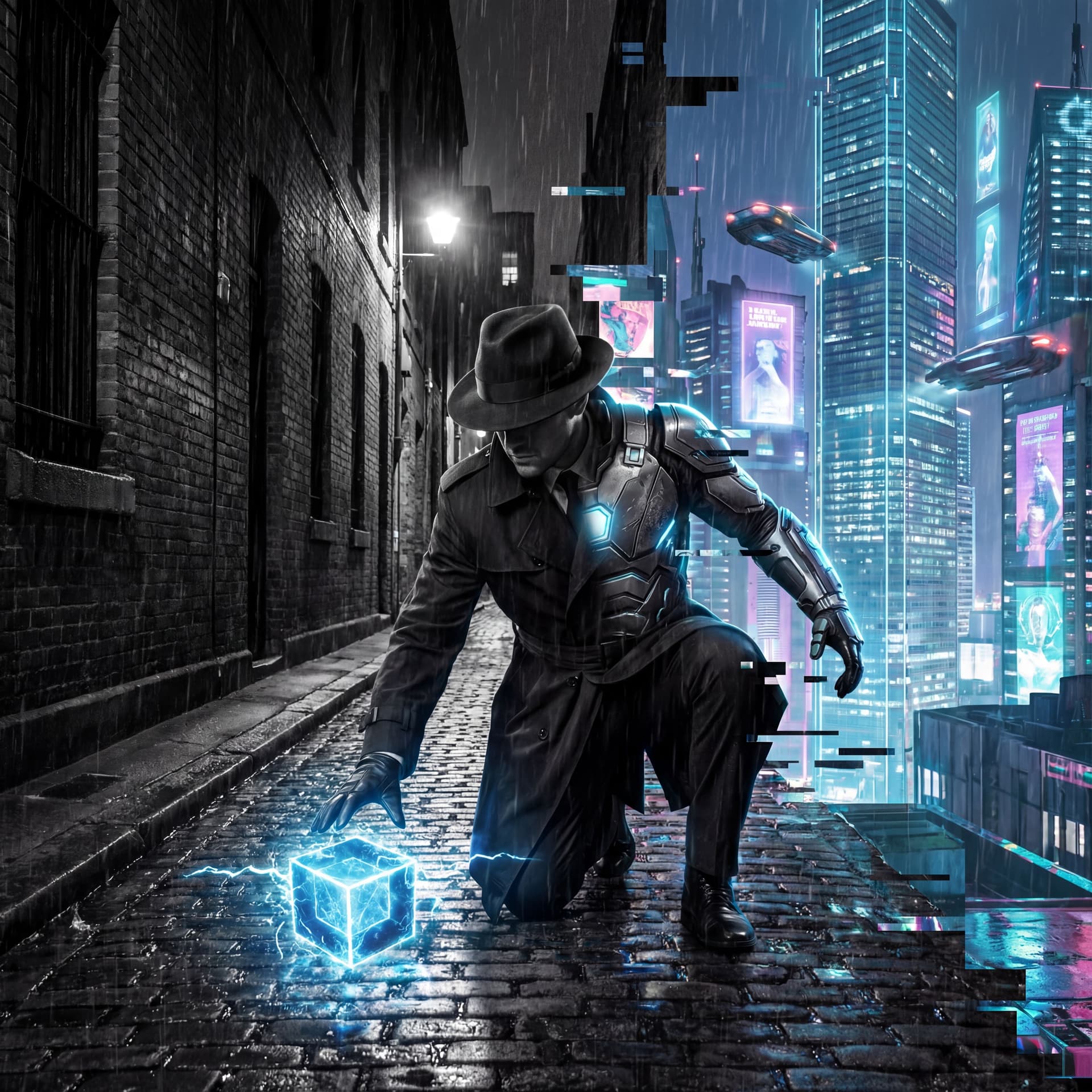 AI generated: Cinematic wide shot of a 1940s detective in a fedora and trench coat kneeling in a rainy, black-and-...