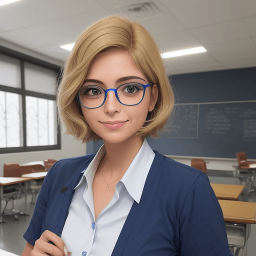 AI generated:  profesora dibujo animado ,mirada al frente , en un salon de clases,cabello corto , rubia con lentes...