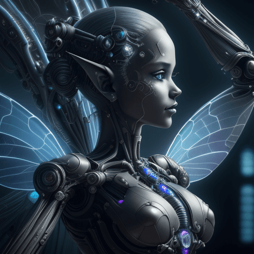 AI generated: realistic studio profile photograph closeup of a lovely mechanical fairy Black queen with her arms r...