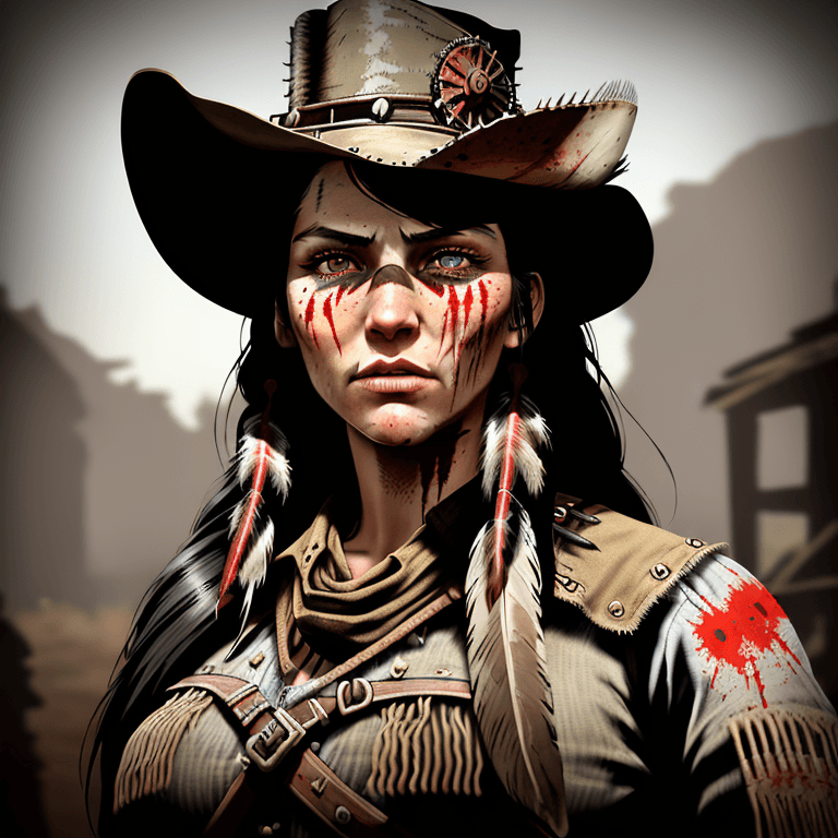 AI generated: western style red-dead redemption style, portrait, native american, steampunk female warrior, blood ...