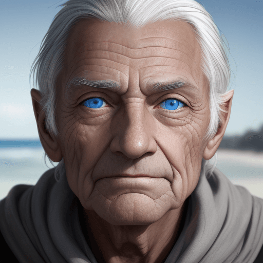 AI generated: An old vyking , the face with wrinkles, focus on the blue eyes, portrait, the skin tanned by the sun...