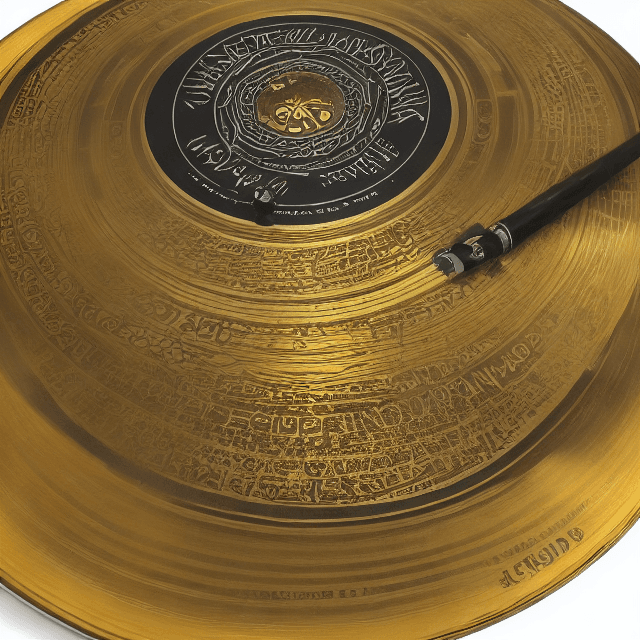 AI generated: A vinyl disk with gold engravings with the words "Reverock" in the middle