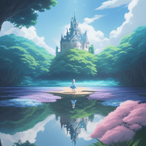 AI generated: clouds, blue skuy like mirror,there is forest with big trees,cute nutrue themed illustration,a girl ...