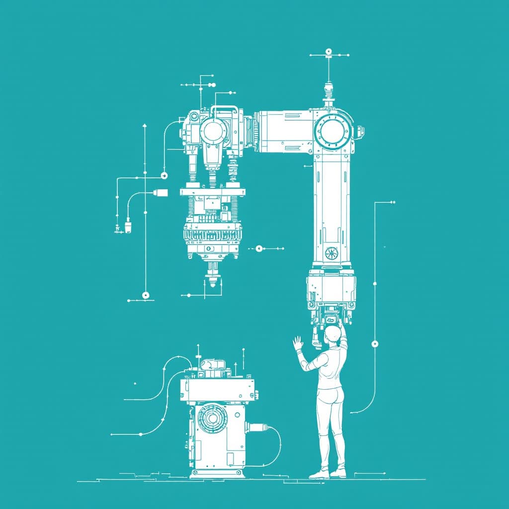 AI generated: a drawing of a robotic arm that constructs a complex machine together with a human
