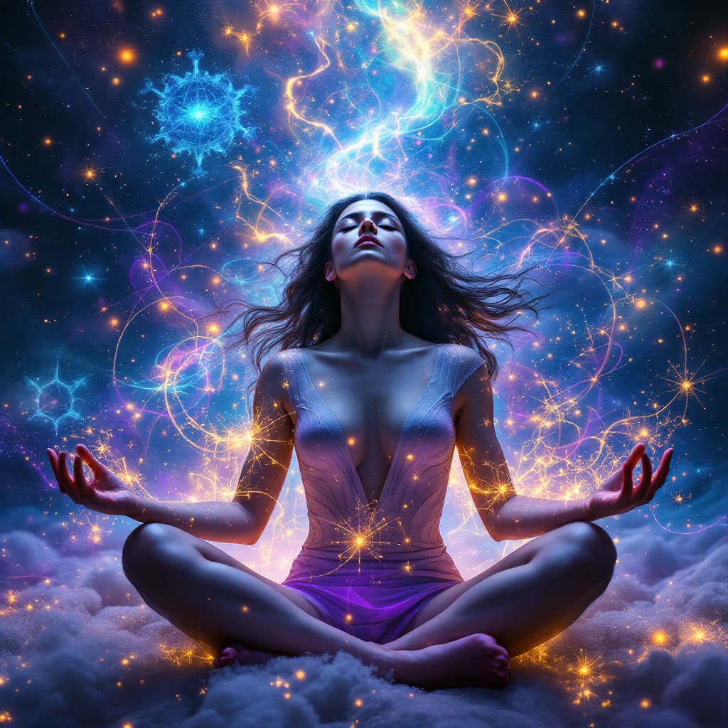 AI generated: "A person in the center of the image, with eyes closed, in a meditative pose, floating in a surreal ...