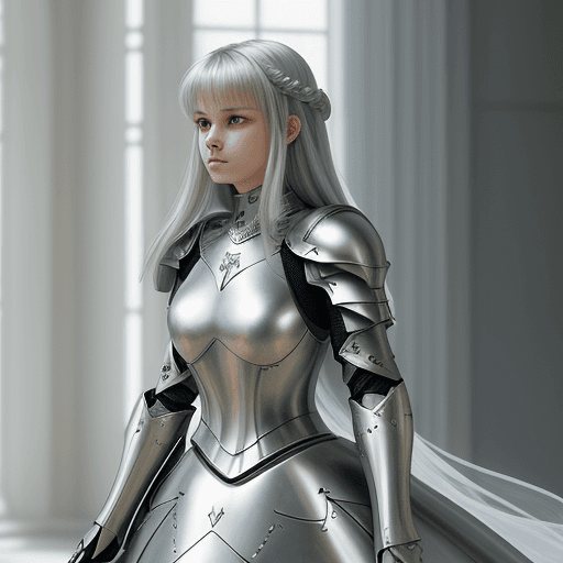 AI generated: a woman in armour, in the style of light white and dark silver, y2k aesthetic, soft, dream-like qual...