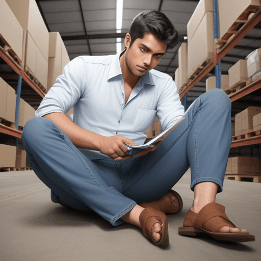 AI generated: Draw a picture of a bored textile salesman lounging around the warehouse wearing jeans.