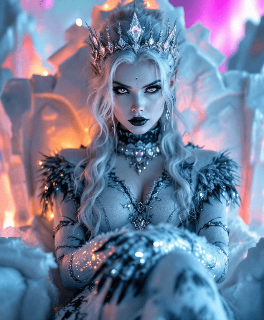 AI generated: 4K, magazine photo shoot quality image of a beautiful 23-year-old platinum blonde ice witch with pie...
