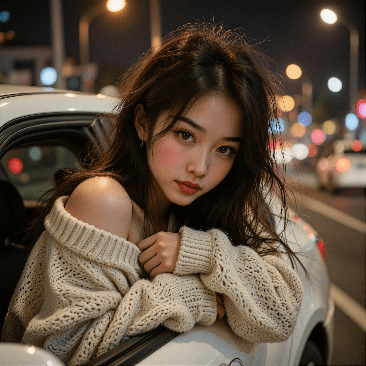 AI generated: A highly detailed, photorealistic, cinematic medium shot of a beautiful young woman leaning out of a...
