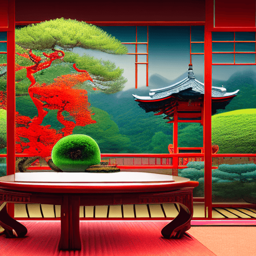 AI generated: Wide panoramic image of an oriental room on a small table, a sphere with a beautiful and leafy bonsa...