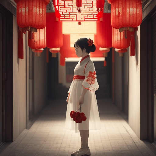 AI generated: girl stands in a red flower surrounded street, in the style of chinese cultural themes, romantic and...
