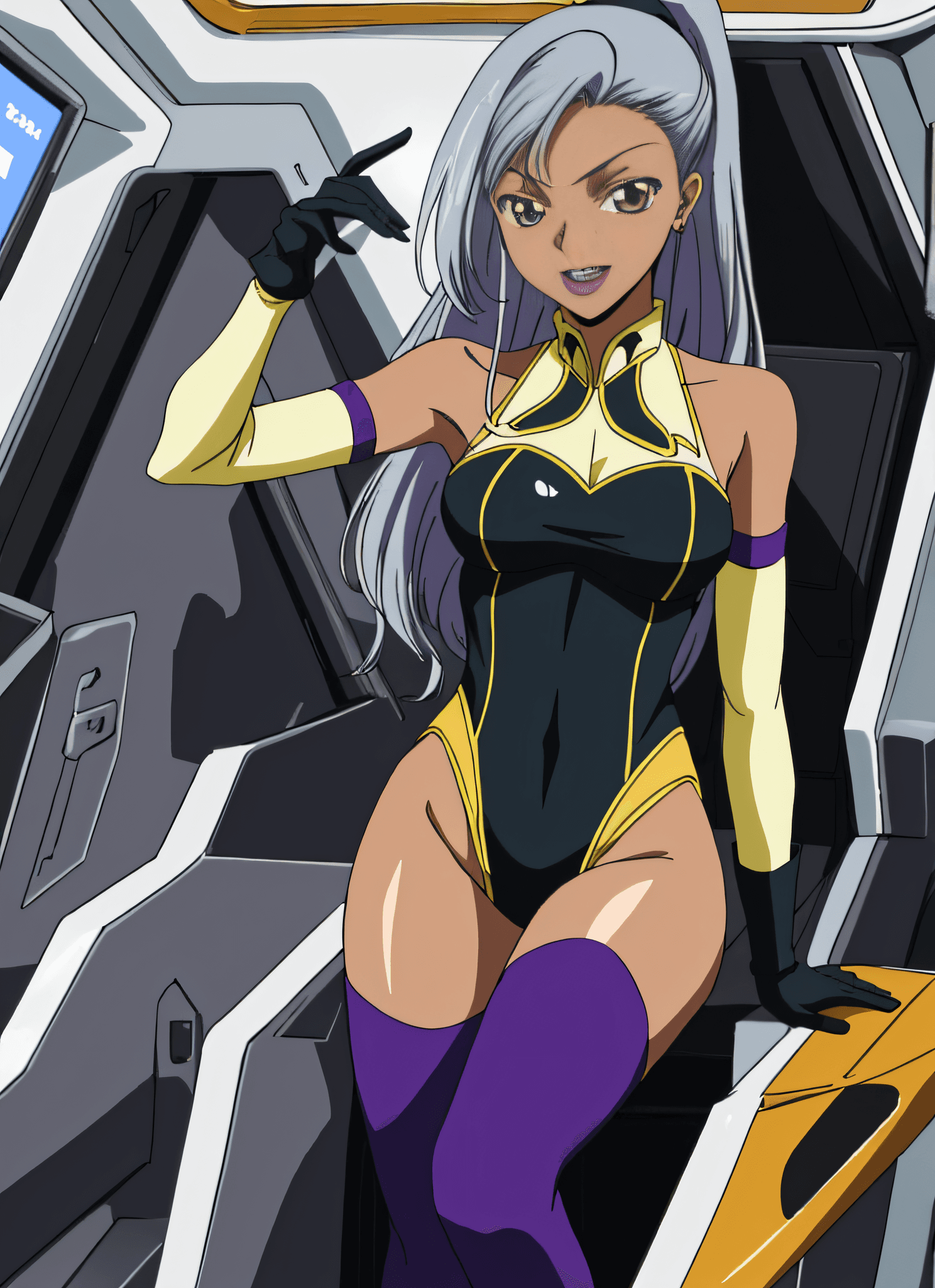 AI generated: codeGeass villetta nu, 1girl, black thighhighs, breasts, brown eyes, cockpit, dark-skinned female, d...