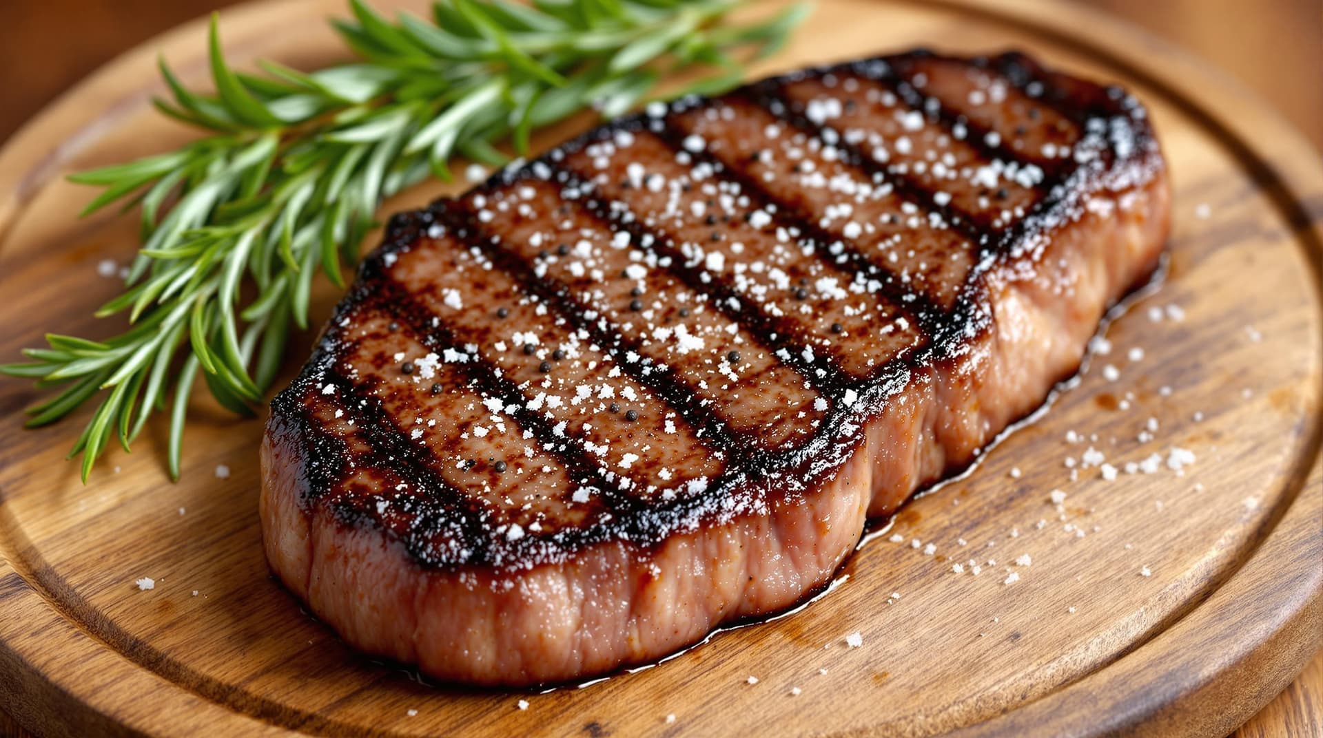 AI generated:  "A perfectly grilled ribeye steak on a rustic wooden plate, sprinkled with coarse sea salt and crac...