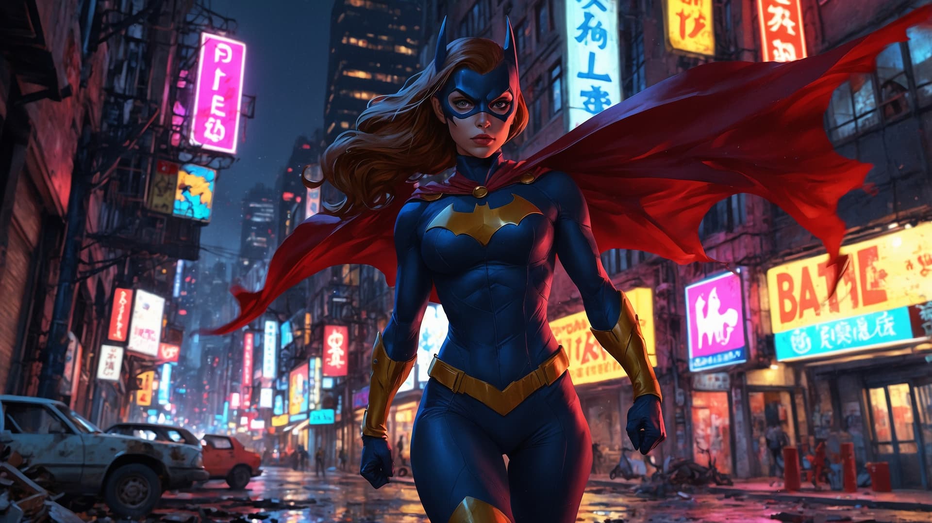 AI generated: Highly detailed digital illustration of a female superhero, Batgirl, walking confidently through a d...