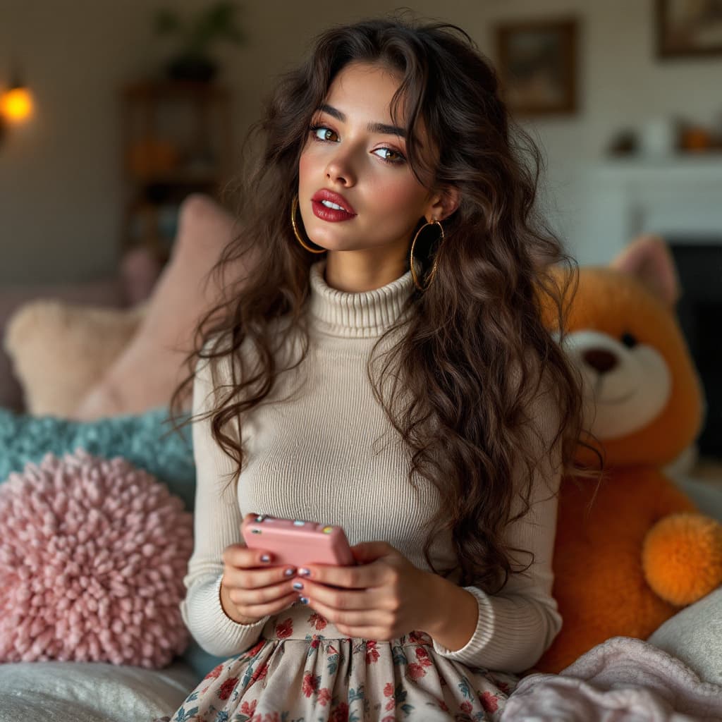 AI generated: A beautiful  teen girl, bright brown eyes, red lips, brown hair so long and curly, detailed intricat...