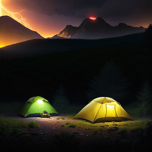 AI generated: lightning bugs in the middle of a forrest vally with camp site in the backround at dusk, photo reali...