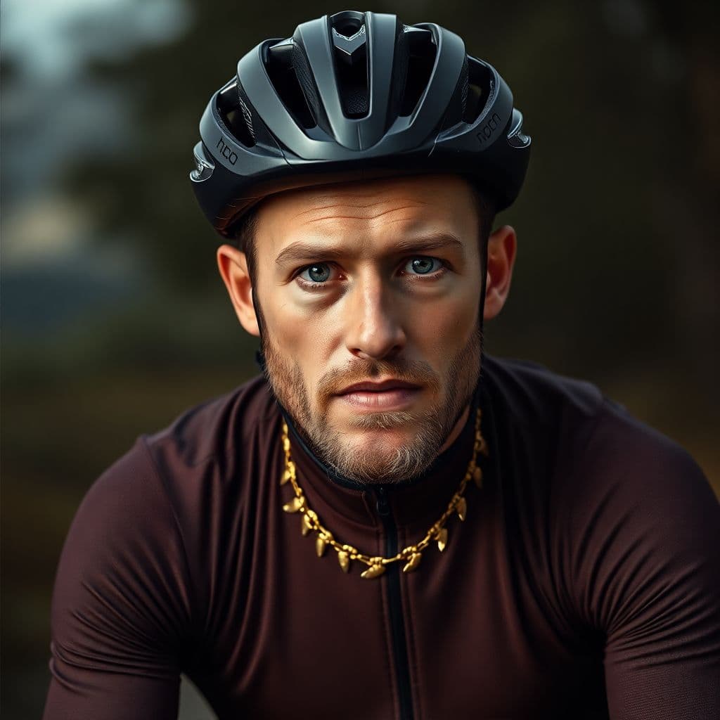 AI generated: Simen Nordahl Svendsen, a gravel cyclist riding for PAS Normal, with golden necklace, portrait, in t...