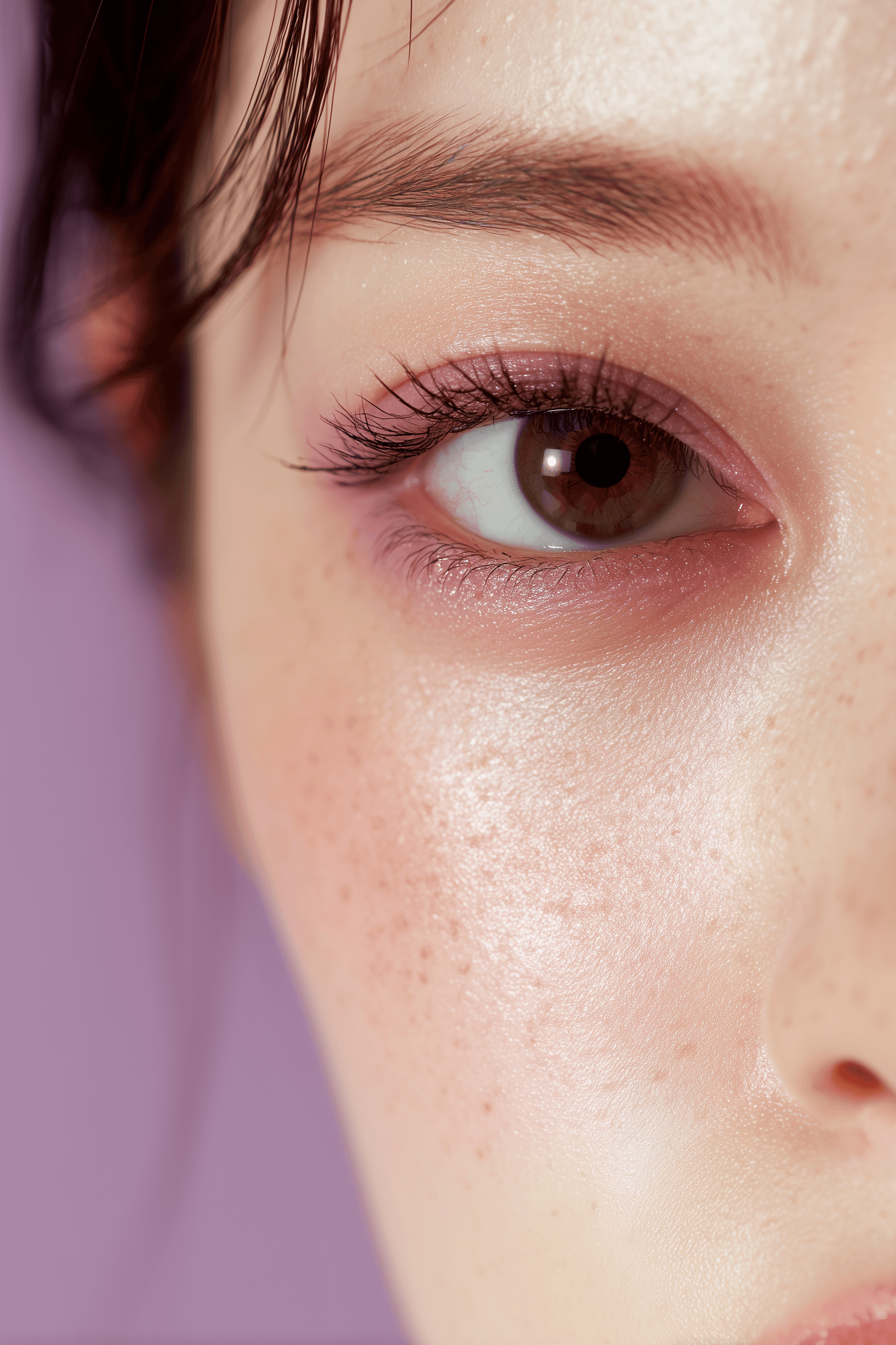 AI generated: ultra close-up korean beauty portrait, soft lighting, smooth skin texture, detailed makeup, lavender...