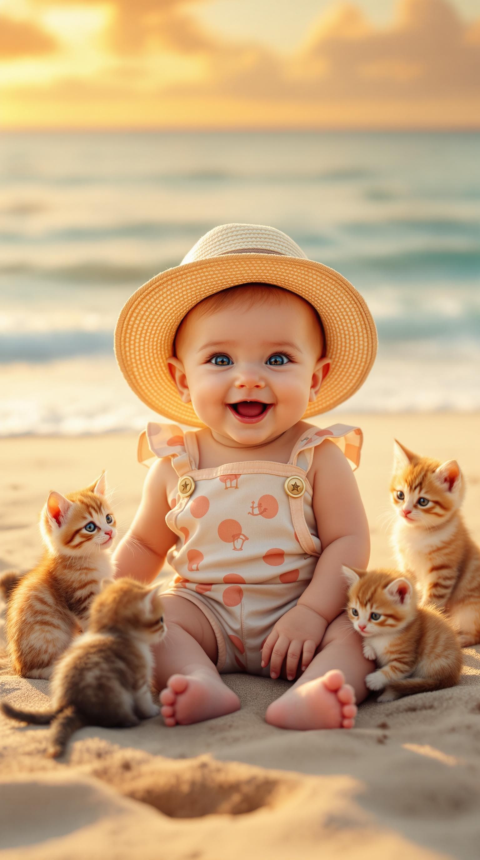 AI generated: A hyper-realistic image of an adorable baby dressed in a cozy beach-themed outfit, sitting joyfully ...