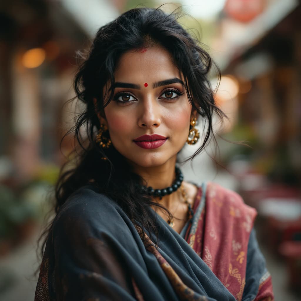 AI generated: stunning photograph of a beautiful 40-year-old Indian woman shot in HD, hyperrealistic, blurred moti...