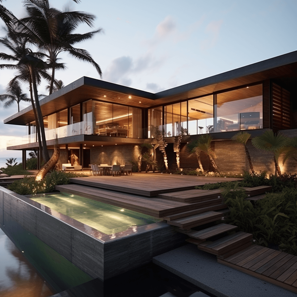 AI generated: modern elegant and raunchy architecture house next to the beach