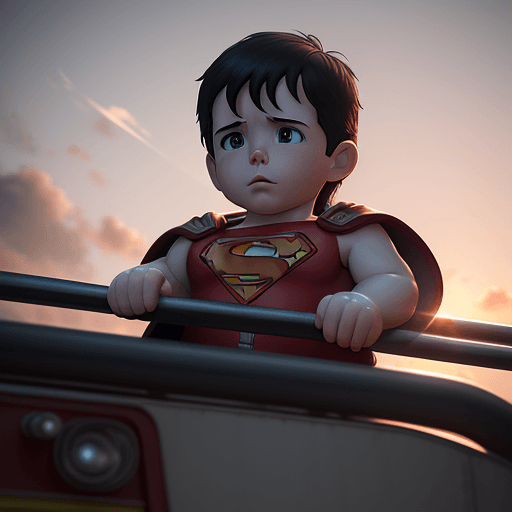 AI generated: Photo of a ultra realistic superman baby on the fire truck mini, dramatic light, pale sunrise, cinem...