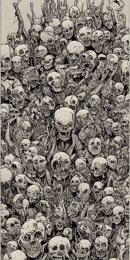 AI generated: Geof darrow drawing of terrifying psychedelic monsters, medieval town, skulls, drawn by geof darrow,...