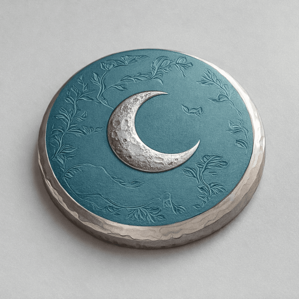 AI generated: a Teal coin with a silver edge and a silver moon in the middle of it with plant like designs engrave...