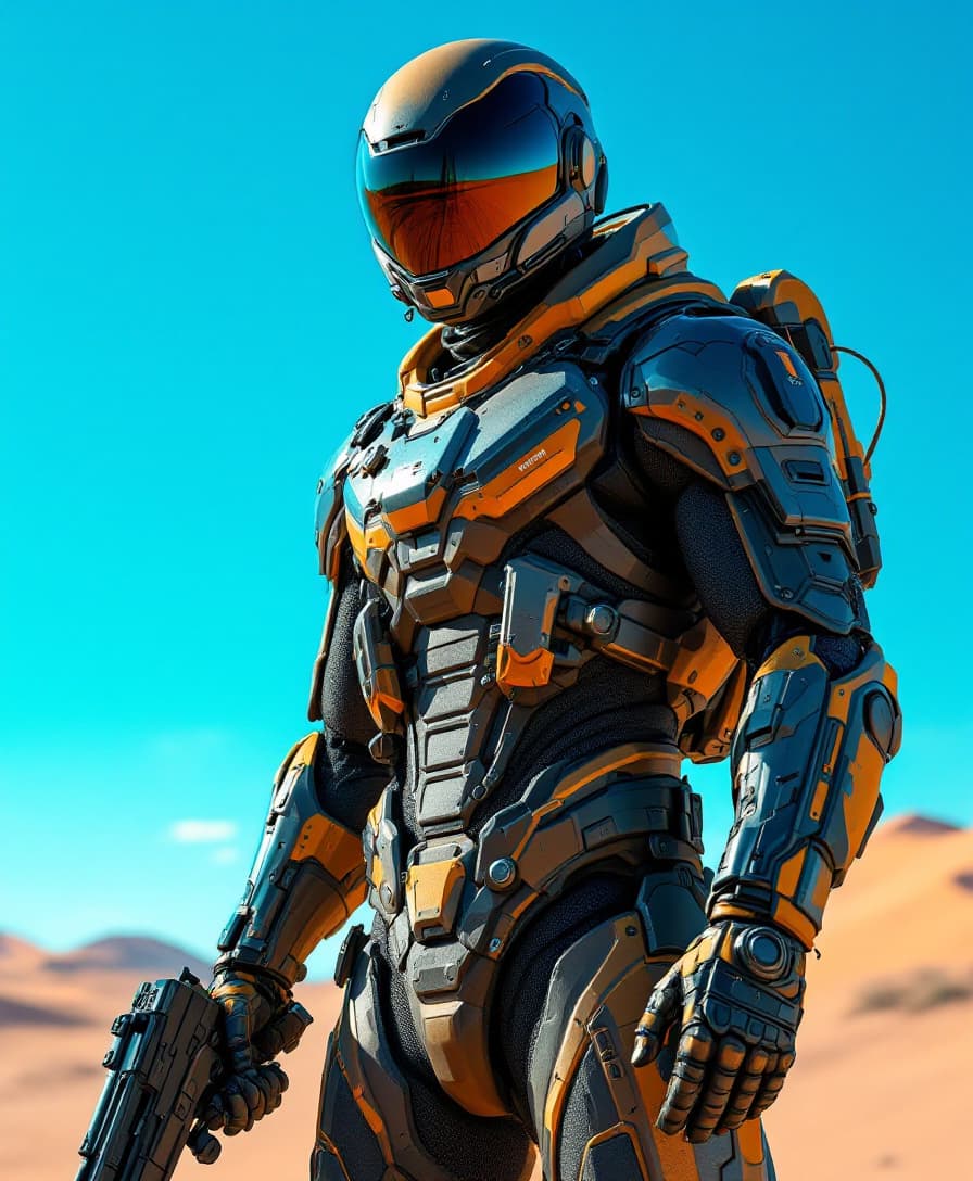 AI generated: futuristic man in a sleek tactical suit, vibrant desert landscape, intense blue sky, dramatic sunlit...