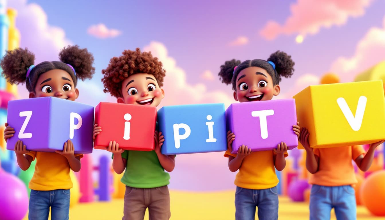 AI generated: Happy children of different races holding colorful boxes, each box displaying a large letter to form...