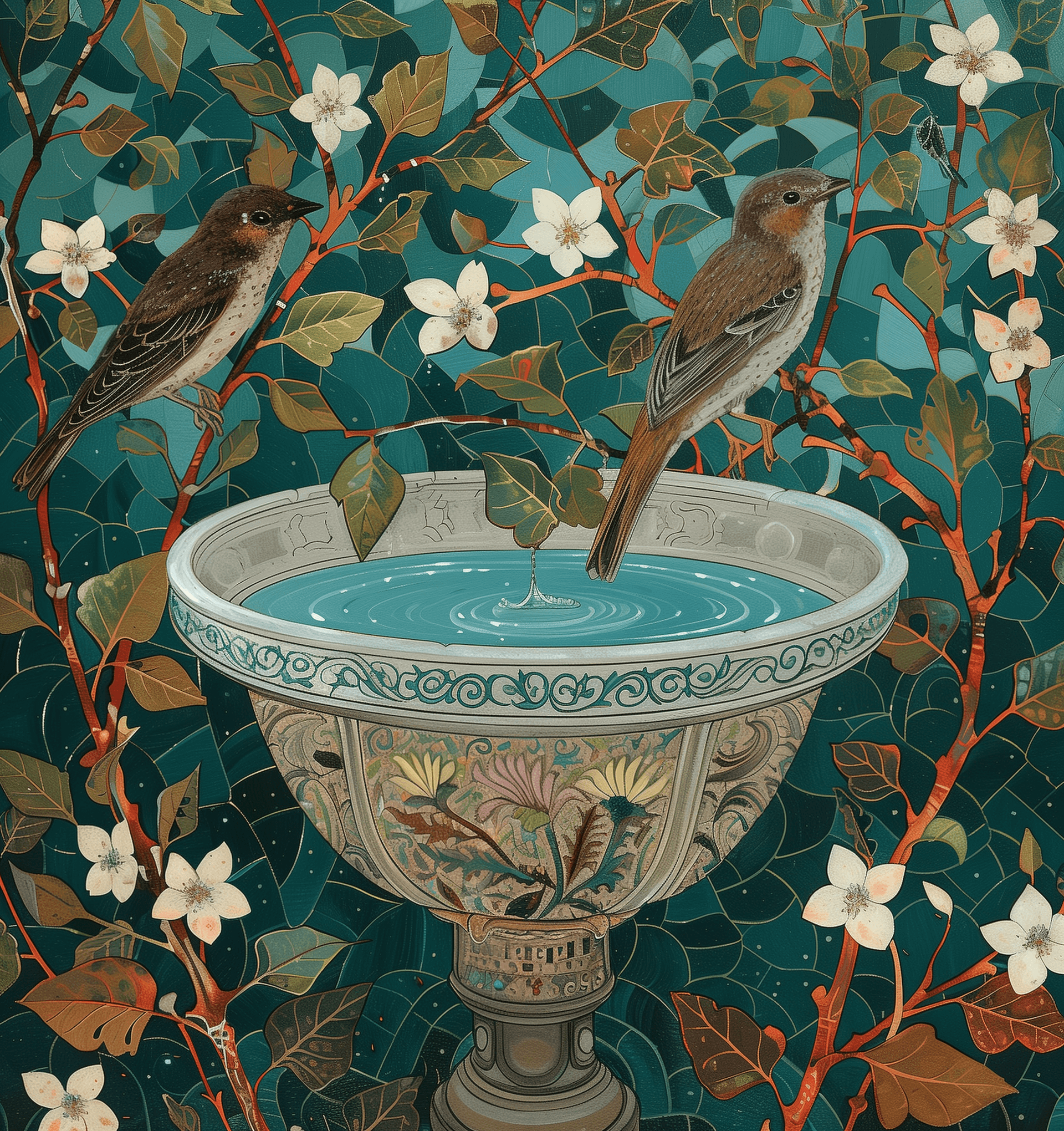 AI generated: A fresco painting of two birds perched on the branches above an ancient Roman water fountain, with l...