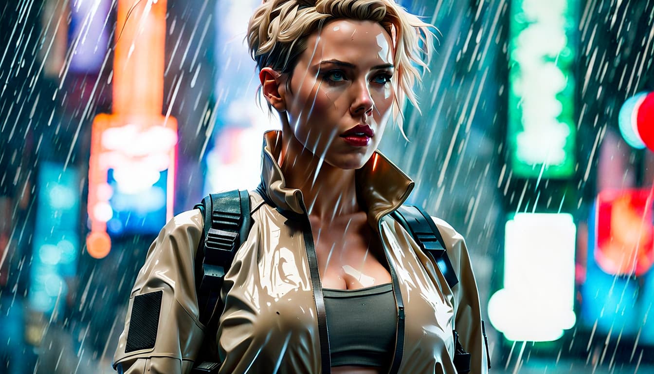 AI generated: 200mm RAW portrait photograph of Scarlett Johansson as Major Mira Killian in niihama city , the icon...