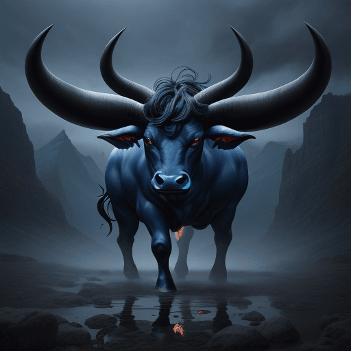 AI generated: A giant mythical creature resembling a one-legged bull, with a massive single eye in the center of i...