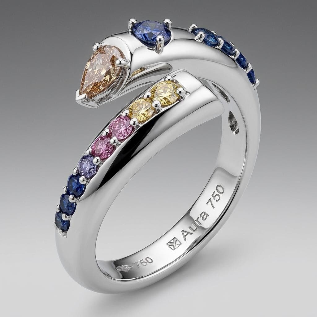 AI generated: Luxury contemporary fine jewelry ring design featuring two flowing asymmetrical curved bands that wr...