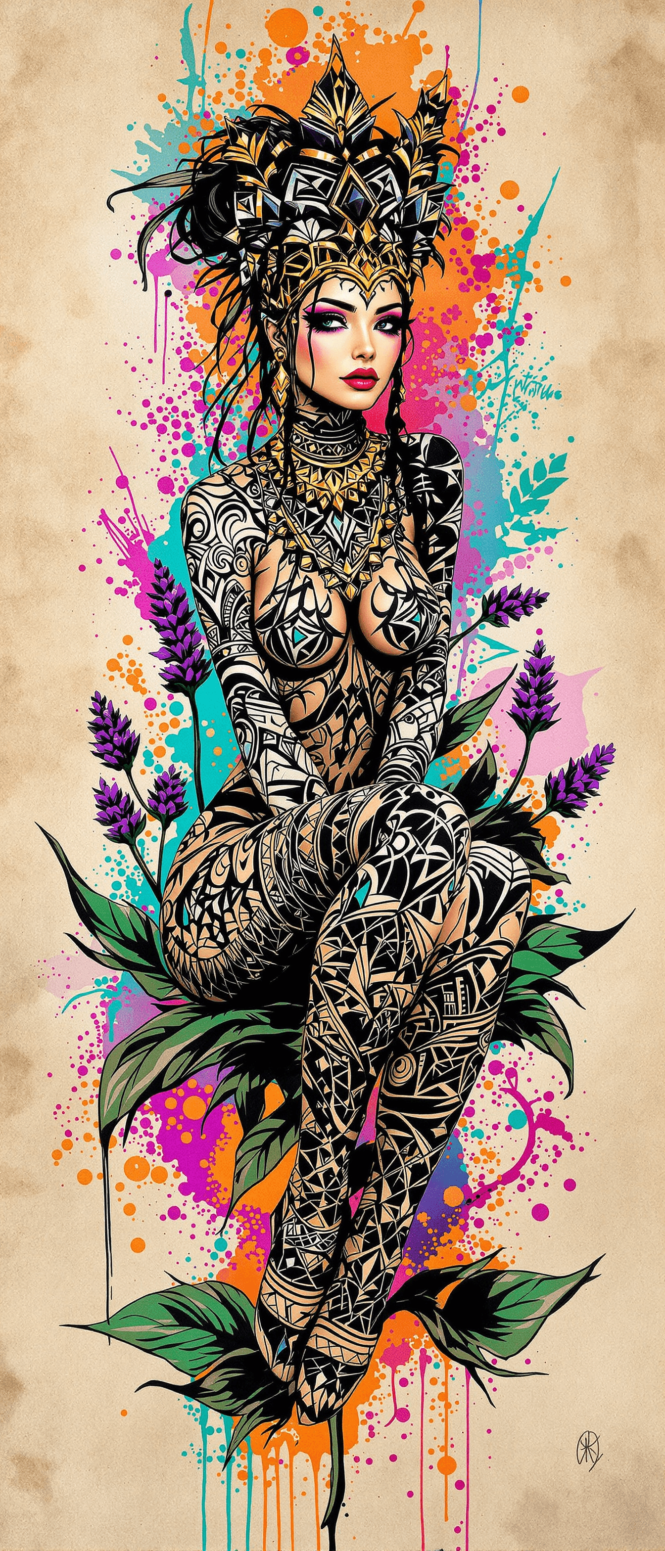 AI generated: A tribal drawing of a lady sitting on a lavender leaf, styled with a mix of decopunk and graffitipun...