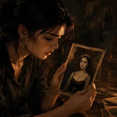 AI generated video: Slow zoom toward the photograph. Elena suddenly pauses and looks around the room. The atmosphere bec...