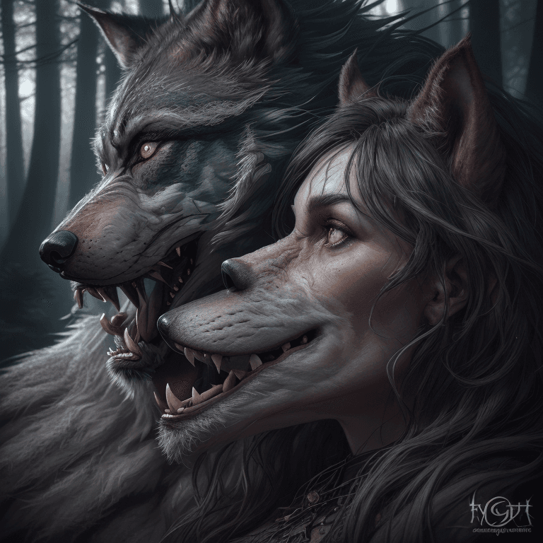 AI generated: A stunningly intricate close up portrait of a couple with a grey werewolf in the forest by night, fa...