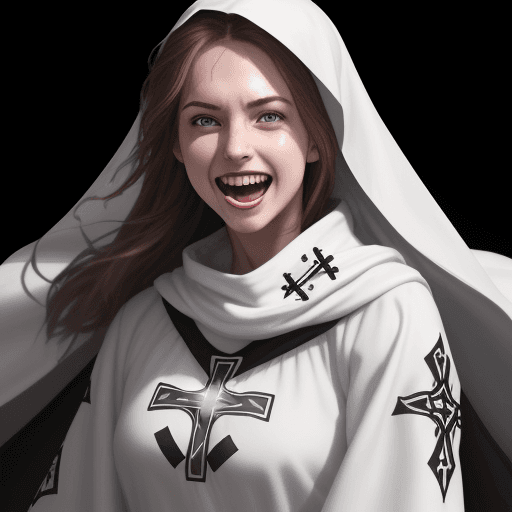 AI generated: Hyper realistic
Woman wearing a full tunic, on the hood of the tunic an image of a cross printed an...