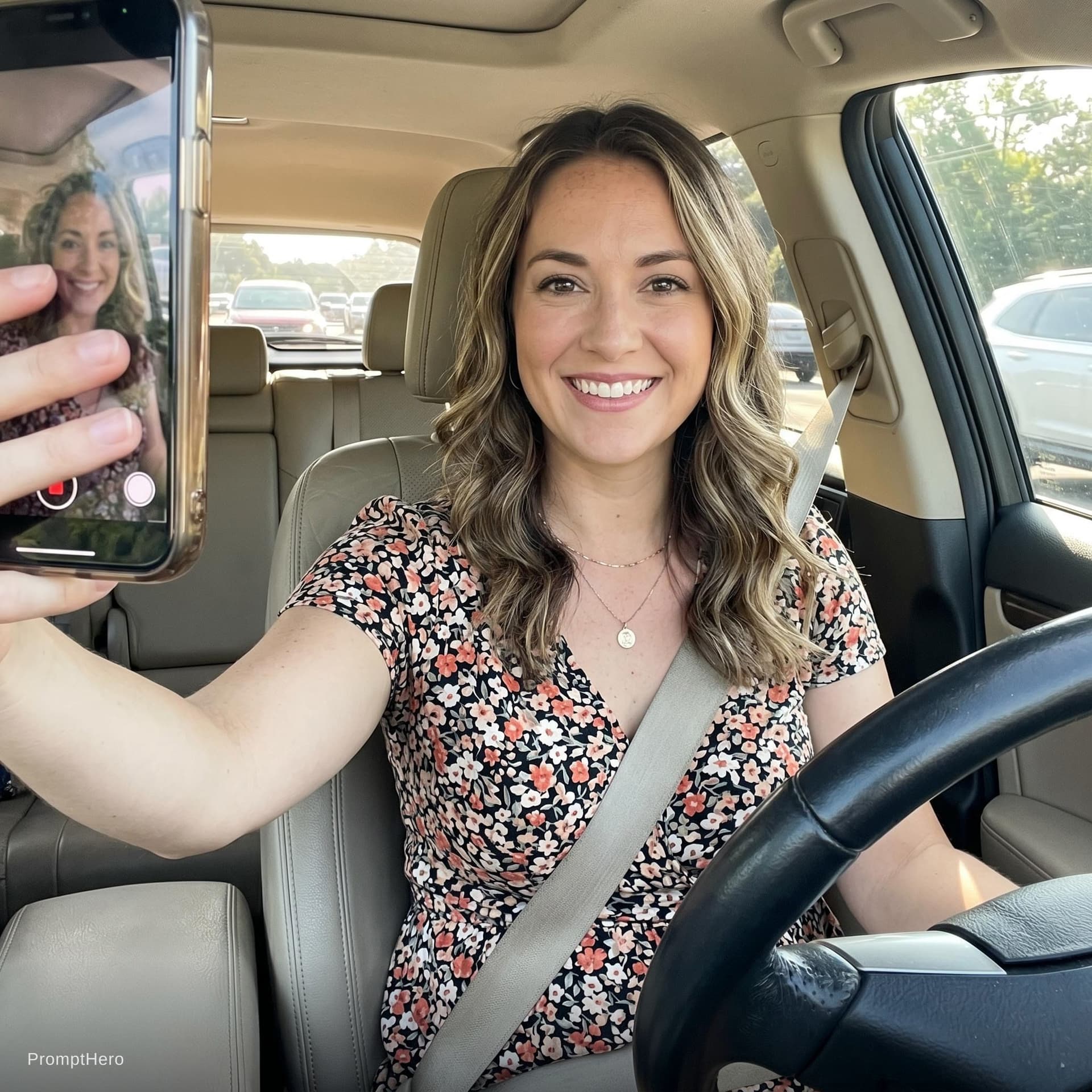 AI generated: this woman, but inside the car in the driver's seat, recording herself in selfie mode