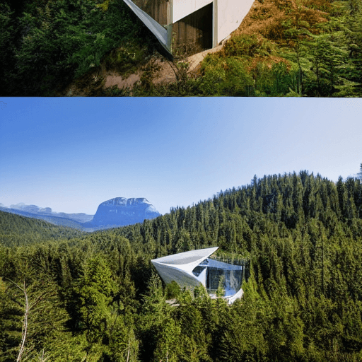 AI generated: futuristic single-level house overlooking a cliff, with a zoomed mountain-side in the background wit...