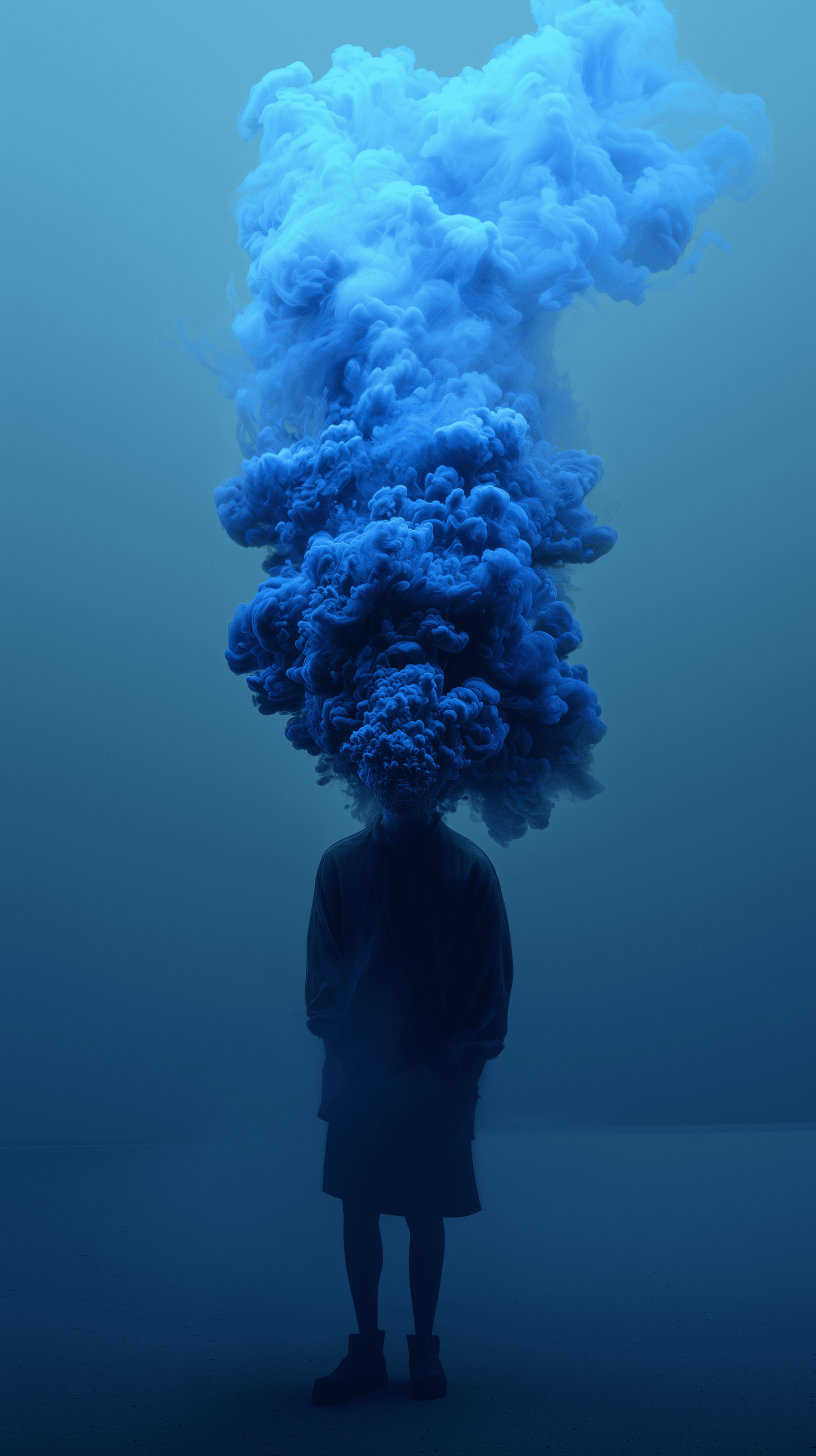 AI generated: photograph, front central shot, full-length, unknown gender figure, black and neon blue color palett...