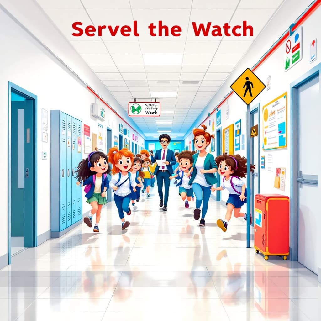 AI generated: "A cute illustration of a school hallway scene in the style of Pixar, with students running, a teach...