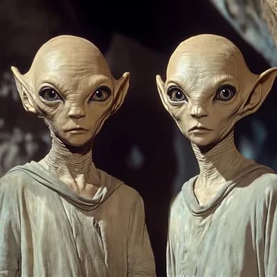 AI generated video: Two aliens stare curiously at the camera, they blink   