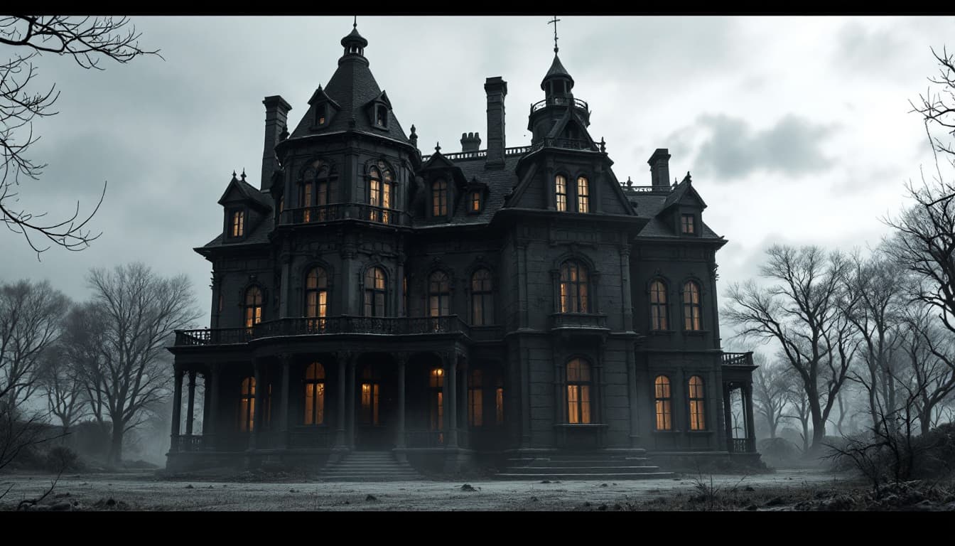 AI generated: scary 6-story grand mansion building, black exterior walls, prison atmosphere, bars on windows, no b...